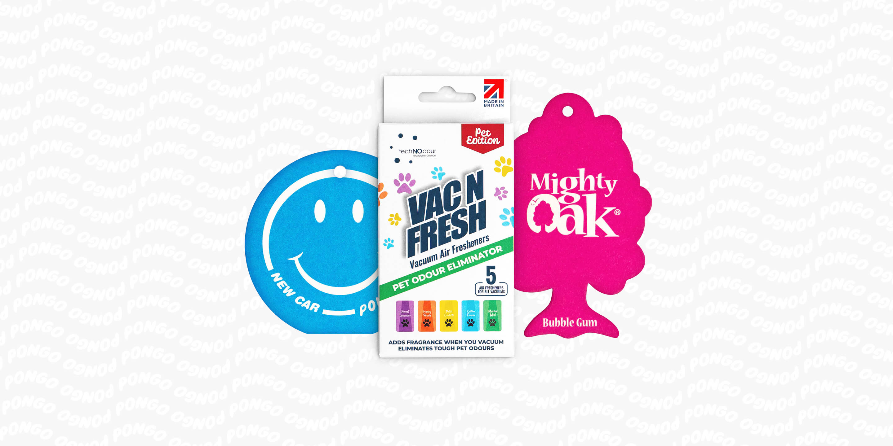 Composite image of Pongo Smiley, Mighty Oak and Vac N Fresh carded air freshener products
