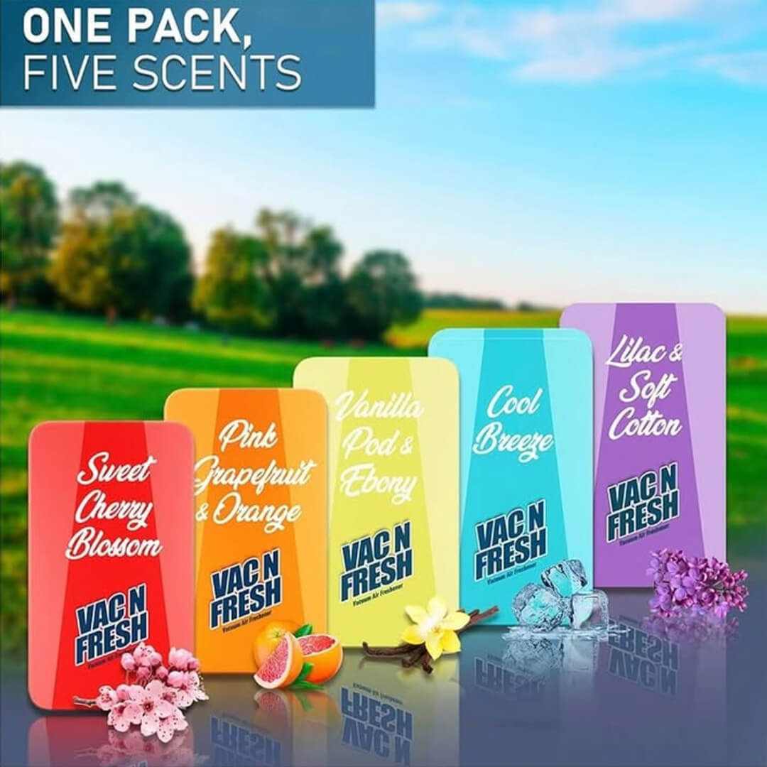 Five fragranced vacuum air fresheners from a Vac N Fresh Original Edition pack